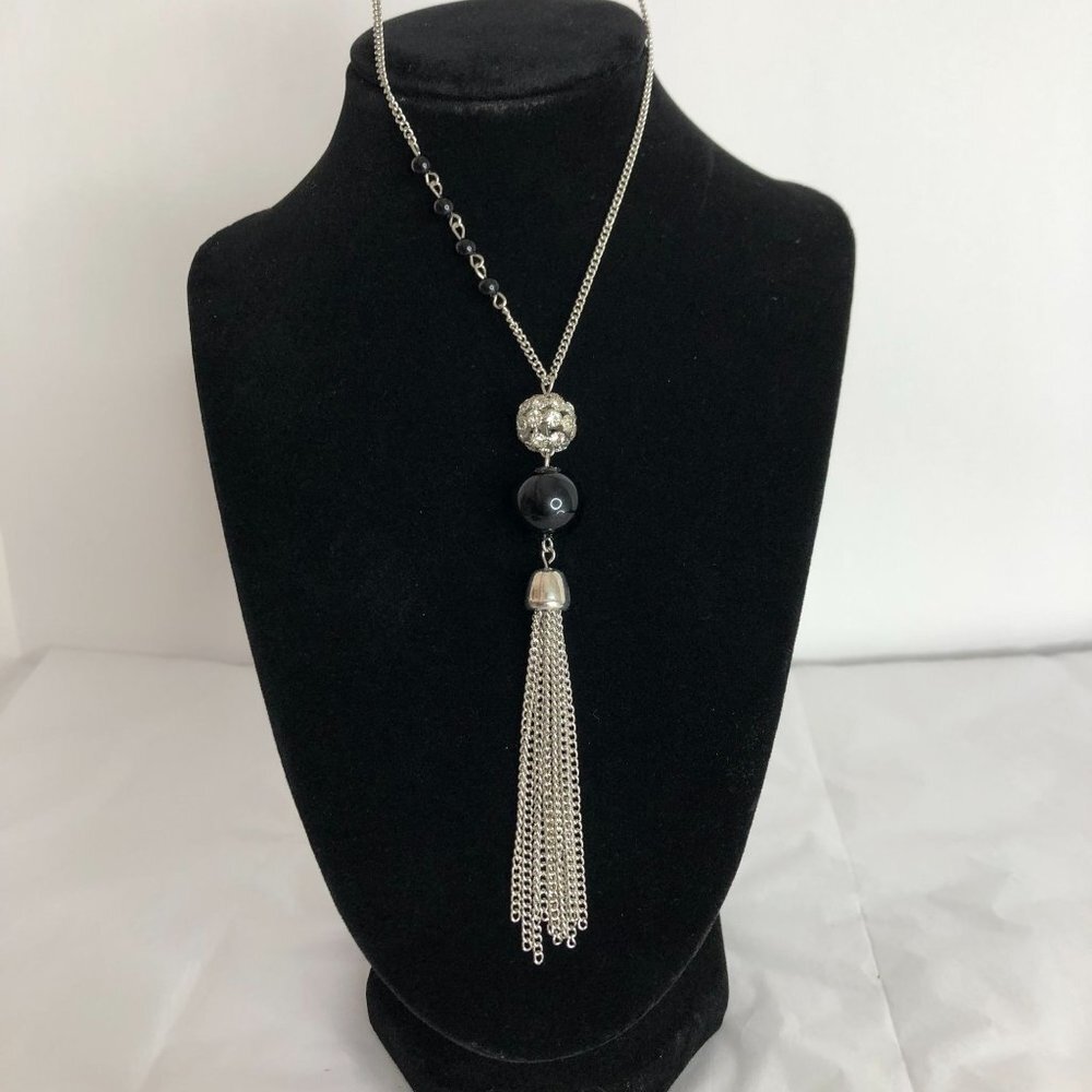Tassel Takeover Silver Rhinestone Black Beaded 32" Long Necklace With Earrings